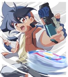 1boy bakuten_shoot_beyblade baseball_cap beyblade beyblade_(object) blue_gloves blue_hair border brown_eyes cowboy_shot fingerless_gloves gloves grey_background hat highres holding kinomiya_takao long_hair male_focus open_mouth red_hat red_vest shirt simple_background smile solo tkoknmy0321 tongue twitter_username vest white_border yellow_shirt
