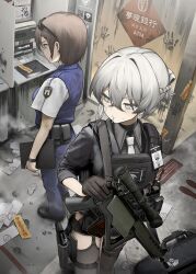 +_+ 2girls absurdres ammunition_pouch assault_rifle black_gloves black_thighhighs blazer blue_eyes breasts bulletproof_vest garter_straps gloves grey_hair gun handgun highres holding holding_weapon jacket magazine_(weapon) medium_hair multiple_girls original pouch rifle seallllion sig_sg550 skindentation small_breasts standing tactical_clothes tell_(vrchat) thigh_pouch thighhighs walkie-talkie weapon
