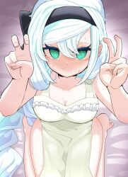 1girl @_@ apron artmagia_finemelt black_hairband blush double_v duel_monster embarrassed green_eyes hairband highres long_hair looking_at_viewer naked_apron sitting solo sweat v very_long_hair wariza white_apron white_hair wize_(adklahniehov6ib) yu-gi-oh!