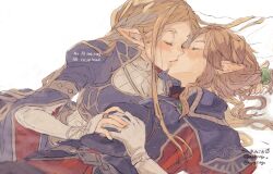 1boy 1girl alternate_costume aogoma artist_name blonde_hair blue_hat commentary_request earrings fingerless_gloves gloves hat hetero highres jewelry kiss link long_hair lying medium_hair nintendo on_back on_side partial_commentary pointy_ears ponytail princess_zelda ring simple_background the_legend_of_zelda the_legend_of_zelda:_breath_of_the_wild unworn_hat unworn_headwear white_background white_gloves