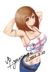 1girl blush breasts brown_eyes brown_hair cleavage dated elie elie_(rave) highres jewelry large_breasts looking_at_viewer mayoi_yuragi midriff miniskirt navel necklace open_mouth pencil_skirt rave_(manga) short_hair signature simple_background skirt solo tank_top white_background