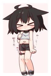 &gt;_&lt; 1girl absurdres bare_arms bare_shoulders black_hair black_shoes black_shorts blush border closed_eyes commentary_request crop_top cropped_shirt egg_vibrator full_body hana_kazari highres midriff navel open_mouth original outside_border sex_toy shirt shoes short_hair shorts simple_background sleeveless sleeveless_shirt solo standing trembling vibrator vibrator_in_thigh_strap white_border yellow_background