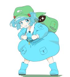 1girl backpack bag blue_boots blue_eyes blue_hair blue_shirt blue_skirt blunt_bangs blush boots collared_shirt commentary_request full_body green_bag green_hat grin hair_bobbles hair_ornament hat highres jewelry kawashiro_nitori key key_necklace kurohiba leaning_forward long_sleeves looking_at_viewer necklace newsboy_cap pocket shirt short_hair simple_background skirt skirt_set smile solo touhou two_side_up v-shaped_eyebrows white_background