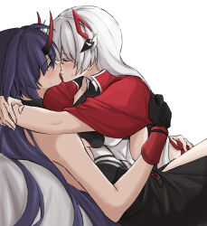 2girls arms_around_neck bare_arms black_gloves black_pants blush breast_press breasts closed_eyes commentary gloves hand_on_another&#039;s_waist highres honkai_(series) honkai_impact_3rd horns jacket kiana_kaslana kiana_kaslana_(radiant_blaze) kiana_kaslana_(void_drifter) kiss long_hair looking_at_another multiple_girls pants purple_hair raiden_mei raiden_mei_(herrscher_of_thunder) red_jacket sweatdrop syonosuke9573 white_background white_hair yuri