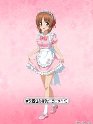 1girl apron bare_arms blush bow bowtie breasts brown_eyes brown_hair character_name dress floral_print frilled_apron frilled_dress frills full_body girls_und_panzer girls_und_panzer_senshadou_daisakusen! gradient_background hairband large_bow legs loafers lolita_hairband looking_at_viewer maid_apron nishizumi_miho official_art parted_bangs pink_background pink_bow pink_bowtie pink_dress pink_shoes plaid_bow plaid_bowtie plaid_clothes puffy_short_sleeves puffy_sleeves red_ribbon ribbon sailor_collar sash shoes short_hair short_sleeves skirt_hold smile socks standing thighs translated white_apron white_sailor_collar white_sash white_socks