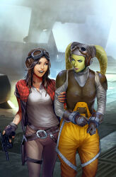 Rule 34 | 2girls, alien, ashley witter, aviator cap, black jacket, brown eyes, brown hair, brown hat, brown pants, chelli lona aphra, colored skin, cuffs, fingerless gloves, gloves, glowing, glowing eyes, goggles, goggles on headwear, green skin, gun, handcuffs, handgun, hat, hera syndulla, highres, holding, holding gun, holding weapon, holster, jacket, multicolored jacket, multiple girls, open clothes, open jacket, open mouth, orange pants, pants, red jacket, shirt, short sleeves, star wars, twi&#039;lek, two-tone jacket, weapon, white shirt