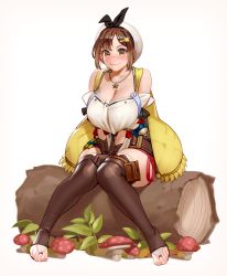 1girl absurdres atelier_(series) atelier_ryza atelier_ryza_1 belt boots breasts bridal_legwear brown_belt brown_eyes brown_gloves brown_thighhighs cleavage female_focus gloves hair_ornament hairclip highres jewelry kairunoburogu large_breasts leather leather_belt leather_gloves log mushroom necklace open-toe_boots plant red_shorts reisalin_stout short_shorts shorts sitting smile solo star_(symbol) star_necklace thigh_boots thighhighs toes white_headwear