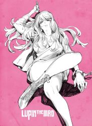 1girl ahn_dongshik ankle_boots blouse boots breasts chain cleavage collarbone crooked_smile earrings fingernails greyscale_with_colored_background gun high_heel_boots high_heels highres holding holding_gun holding_weapon jacket jewelry lace-up_boots large_breasts leather leather_boots light_smile long_hair looking_at_viewer looking_down lupin_iii mine_fujiko miniskirt pink_background plunging_neckline shadow shirt simple_background single_earring single_handcuff skirt solo thick_lips thick_thighs thighs weapon