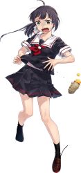 1girl ahoge black_hair black_shirt black_skirt black_socks brown_shoes burnt_clothes cosplay cut_bangs food fujikawa fujinami_(kancolle) fujinami_(sweet_potato)_(kancolle) full_body hair_ribbon kantai_collection loafers long_hair looking_at_viewer neckerchief official_art one_eye_closed open_mouth pleated_skirt red_neckerchief ribbon sailor_collar sailor_shirt shiratsuyu_(kancolle) shiratsuyu_(kancolle)_(cosplay) shirt shoes side_ponytail simple_background single_shoe skirt smile socks solo standing sweet_potato transparent_background wavy_mouth white_ribbon white_sailor_collar yellow_eyes