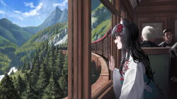 1girl animal_ears black_hair ebiri_fy forest highres japanese_clothes kimono mountain nature original train train_interior