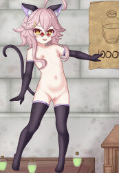 1girl :3 absurdres aged_down animal_ears azunyart black_gloves black_thighhighs breasts cat_ears cat_girl cleft_of_venus dori_(genshin_impact) female_focus flask genshin_impact glass glasses gloves highres loli medium_hair navel nipples open_mouth pink_hair potion pussy small_breasts solo standing thighhighs uncensored underwear underwear_only yellow_eyes
