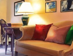 commentary_request couch cushion desk desk_lamp highres indoors lamp no_humans original painting_(object) scenery signature table wooden_chair wooden_table yuki112071
