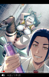 1boy 1girl ahoge anus arms_up asymmetrical_gloves azasuke bar_censor bdsm black_border black_hair bondage border bound breasts censored chain chained cleavage cleave_gag cloth_gag doctor_lohr evil_smile fake_video gag gagged gloves grey_hair highres holding holding_syringe improvised_gag intravenous_drip lab_coat large_breasts long_hair m_legs mole mole_on_breast orange_eyes pussy restrained shirt shorts single_thighhigh smile spread_legs striped_clothes striped_shirt sweat syringe thighhighs torn_clothes torn_shorts yixuan_(zenless_zone_zero) zenless_zone_zero