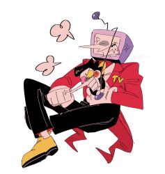 2boys anger_vein angry ant_tenna black_hair black_pants crossed_ankles crt deltarune full_body gloves heterochromatic_eyewear highres kkupiii male_focus multiple_boys necktie nose_grab object_head pants pipis_(deltarune) pointy_nose shoes signature simple_background size_difference spamton_g._spamton tailcoat tinted_eyewear white_background white_gloves yellow_necktie yellow_shoes