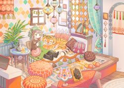 1girl animal black_slippers blanket blunt_bangs book braid brown_hair brown_sweater commentary couch cup curtains cushion drinking_glass from_above green_headscarf green_headwear headscarf holding holding_book indoors lamp long_sleeves medium_hair mirror multicolored_hair on_couch original plant potted_plant reading rug scenery side_braid single_braid sitting slippers smile solo sorata123 streaked_hair sweater table tablecloth tapestry tassel tiger two-tone_hair unworn_slippers wainscoting wallpaper_(object) wide_shot window
