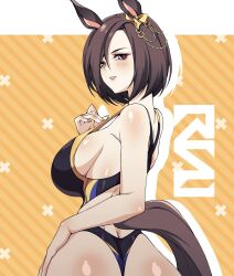 Rule 34 | 1girl, air groove (umamusume), alternate costume, animal ears, artist logo, ass, bare shoulders, black one-piece swimsuit, blush, breasts, brown hair, cero rains, commentary, ear ornament, english commentary, from behind, hand on own hip, highres, horse ears, horse girl, horse tail, large breasts, logo, looking at viewer, looking back, one-piece swimsuit, one-piece thong, orange background, purple eyes, short hair, sideboob, simple background, solo, swimsuit, tail, two-tone background, umamusume, white background