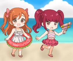 2girls :d :o a-pose alternate_costume alternate_hairstyle b_eaka bare_arms bare_shoulders beach bleach blue_sky blunt_bangs blurry blurry_background blush bow brown_eyes chibi chibi_only cloud commentary day dokugamine_riruka dress frilled_dress frills frown full_body hair_between_eyes hair_bow happy holding holding_water_gun inoue_orihime looking_at_viewer midriff miniskirt multiple_girls navel ocean one_side_up open_mouth orange_hair outdoors pink_bow pink_skirt pleated_skirt red_eyes red_hair sandals shirt single_sidelock skirt sky sleeveless sleeveless_dress sleeveless_shirt smile standing standing_on_one_leg striped_clothes striped_shirt sundress swim_ring tareme tsurime twintails v-shaped_eyebrows water_gun watermelon_innertube white_dress white_shirt