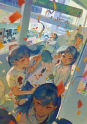 1boy 6+girls ^_^ aiming amo_(amo_0514) ankle_socks arched_back arm_up award_ribbon black_hair black_shoes black_skirt blurry blurry_foreground blush building clenched_hands closed_eyes closed_mouth collared_shirt commentary confetti day double-parted_bangs english_commentary facing_to_the_side floating_clothes floating_hair flower flower_on_chest from_above grey_eyes gun hair_between_eyes hands_up highres holding holding_gun holding_weapon loafers long_hair looking_to_the_side looking_up lower_teeth_only mole mole_under_eye multiple_girls open_clothes open_mouth open_shirt original outdoors ponytail red_flower red_rose rose running school school_uniform shirt shoes short_hair short_sleeves sideways_glance skirt smile socks standing streamers teeth twintails twisted_torso weapon white_shirt white_socks