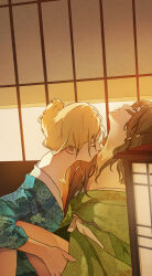 2girls absurdres aqua_kimono architecture blonde_hair brown_hair closed_eyes couple east_asian_architecture floral_print floral_print_kimono green_kimono hair_bun hand_on_another&#039;s_thigh hand_under_clothes highres indoors japanese_clothes kikumon kimono kiss kissing_neck lantern long_hair maria-sama_ga_miteru multiple_girls oorum print_kimono realistic satou_sei toudou_shimako wavy_hair yuri