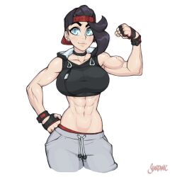 1girl abs alex_moon_(shardanic) backwards_hat baseball_cap biceps blue_eyes boxer-chan breasts earrings fingerless_gloves flexing gloves hand_on_own_hip hat jewelry large_breasts looking_at_viewer muscular muscular_female original shardanic shorts signature smile solo tank_top veins veiny_arms white_background