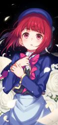 1girl absurdres arima_kana beret black_background black_vest blue_hat blue_jacket blunt_bangs blush bob_cut bow bowtie collared_shirt commentary cropped_jacket falling_petals floral_background flower gold_trim grey_skirt hair_intakes hat highres holding_own_wrist jacket kamome_yuu looking_at_viewer open_mouth oshi_no_ko petals pink_bow pink_bowtie red_eyes red_hair rose school_uniform shirt short_hair sidelocks skirt solo vest white_flower white_rose white_shirt youtou_high_school_uniform