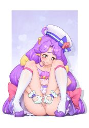 1girl absurdres blue_eyes boots bow bow_earrings covering_privates covering_crotch cure_coral earrings facial_mark gloves hair_bow hat heart heart_facial_mark heart_in_eye high_heel_boots high_heels highres jewelry kneehighs knees_to_chest long_hair looking_at_viewer m_legs magical_girl multi-tied_hair multiple_hair_bows nypdesu precure purple_hair pussy pussy_juice sailor_hat shoes socks solo spread_legs squatting suzumura_sango symbol_in_eye tropical-rouge!_precure very_long_hair yellow_bow yellow_eyes