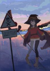 1girl :d absurdres bandaged_leg bandages belt black_cape black_thighhighs brown_choker brown_hair brown_shoes cape choker cloud commentary day dress fingerless_gloves gloves hat highres kono_subarashii_sekai_ni_shukufuku_wo! koukouya long_sleeves looking_at_viewer megumin open_mouth outdoors red_dress red_eyes shoes short_hair sign smile solo thighhighs warning_sign water witch_hat