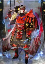 1boy arm_at_side armor armored_gloves armored_shoes black_shoes cape clenched_hands closed_mouth crest dou expressionless fake_horns family_crest fate/grand_order fate_(series) fingerless_gloves forehead_protector full_body game_cg gloves grey_cape grey_eyes grey_hair grey_pants gunbai half_updo hand_fan hand_up headband holding holding_fan horned_headwear horns japanese_armor japanese_clothes kote kusazuri long_hair looking_at_viewer male_focus official_art over_shoulder oxfords pants ponytail puffy_pants red_armor samurai shoes short_ponytail shoulder_armor sode solo standing suneate takeda_shingen_(fate) tassel third-party_source toi8 variant_set war_fan yotsuwari-bishi
