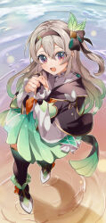 1girl black_hairband black_thighhighs blush boots breasts bridal_gauntlets dress firefly_(honkai:_star_rail) gradient_hair green_dress grey_hair hair_between_eyes hair_ornament hairband highres honkai:_star_rail honkai_(series) inana long_hair long_sleeves looking_at_viewer medium_breasts multicolored_hair neckerchief open_mouth orange_neckerchief pink_eyes smile solo thighhighs water