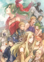 1990s_(style) 3girls 6+boys :d bad_id bad_pixiv_id bare_shoulders black_hair blonde_hair blue_background brown_dress celes_chere cyan_garamonde detached_sleeves dress edgar_roni_figaro everyone final_fantasy final_fantasy_vi gau hand_on_own_hip headband helmet interceptor locke_cole long_sleeves looking_at_viewer mog moogle multiple_boys multiple_girls muscular open_mouth relm_arrowny retro_artstyle s1minami sabin_rene_figaro setzer_gabbiani shadow_(ff6) short_sleeves silhouette silver_hair simple_background sleeveless sleeveless_dress smile strago_magus tina_branford umaro uniform upper_body yeti_(creature)