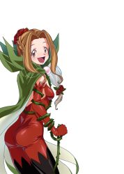 1girl :d absurdres ass black_boots bodysuit boots breasts cape commission cosplay cowboy_shot digimon digimon_adventure elbow_gloves flower from_behind gerusyu gloves green_cape hair_flower hair_ornament highres holding holding_whip long_hair looking_at_viewer looking_back open_mouth red_bodysuit red_gloves rosemon rosemon_(cosplay) simple_background small_breasts smile solo tachikawa_mimi thigh_boots thorns white_background