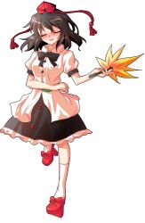 1girl adairi alphes_(style) black_bow black_bowtie black_hair black_skirt blush bow bowtie breasts closed_eyes commentary_request dairi frilled_skirt frills full_body geta hand_fan hat holding holding_fan kneehighs large_variant_set medium_breasts parody parted_lips puffy_short_sleeves puffy_sleeves red_shoes shameimaru_aya shirt shoes short_hair short_sleeves skirt smile socks solo style_parody tachi-e tengu-geta tokin_hat touhou transparent_background variant_set white_shirt white_socks