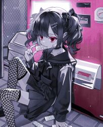 1girl bandaid bandaid_on_cheek bandaid_on_face black_bow black_bowtie black_choker black_hair black_nails black_serafuku black_shirt black_shoes black_skirt black_thighhighs blister_pack bow bowtie choker colored_skin commentary eyelashes film_grain fishnet_thighhighs fishnets flat_chest frilled_sailor_collar frills gauze grey_skin hair_bow hair_ornament hairclip heart heart_o-ring highres light_particles long_sleeves medium_hair mew_(mewrurirun) miniskirt o-ring original outdoors pill pink_eyes pleated_skirt sailor_collar sailor_shirt school_uniform serafuku shirt shoes sitting skirt solo thighhighs twintails vending_machine