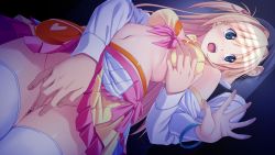 10s 1boy 1girl blonde_hair blue_eyes blush breasts censored fingering game_cg grabbing_another&#039;s_breast groping hetero highres kagurazaka_namine koutaro long_hair mosaic_censoring navel open_mouth protagonist_(tropical_vacation) tropical_kiss tropical_vacation twinkle_(company)