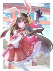 animal_ear_hairband animal_ears brown_hair detached_sleeves dress emil_chronicle_online fake_animal_ears flower frilled_dress frilled_sleeves frills geta hair_flower hair_ornament hairband highres japanese_clothes long_hair miko pink_ribbon rabbit_ear_hairband rabbit_ears ribbon shugoma_mutsuki standing standing_on_one_leg thighhighs torii white_thighhighs yukiomi_kizuki