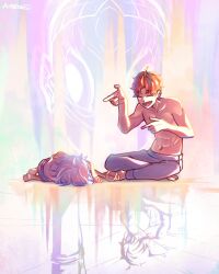2boys barefoot child closed_eyes collarbone commentary dandadan earrings english_commentary enjoji_jin evil_eye_(dandadan) facing_another full_body ghost highres indian_style jewelry lying multiple_boys navel on_side open_mouth pants purple_pants red_hair short_hair sitting smile stomach topless_male white_hair wreckedmonger