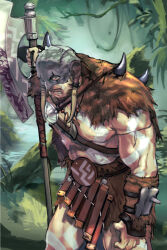 1boy angry axe battle_axe beard blue_eyes bodypaint clenched_teeth commentary cowboy_shot facial_hair fungi fur_(clothing) garruk_wildspeaker glaring helmet highres holding holding_axe holding_weapon looking_at_viewer magic:_the_gathering male_focus muscular muscular_male mustache plant solo spikes standing strap teeth tsurubebi weapon