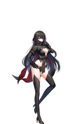 Rule 34 | 1girl, bai winchester, black boots, black gloves, black hair, black shirt, black shorts, black thighhighs, boots, breasts, cape, cleavage, closers, crop top, full body, gloves, hand on own hip, hand up, heterochromia, high collar, high heel boots, high heels, highres, large breasts, long hair, long sleeves, looking at viewer, mask, micro shorts, midriff, mouth mask, official art, pelvic curtain, pink eyes, plunging neckline, purple eyes, shirt, shorts, simple background, solo, standing, standing on one leg, thigh boots, thighhighs, thighs, very long hair, white background