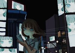 1girl absurdres brown_hair building cellphone closed_mouth highres holding holding_phone kapura looking_at_viewer monitor night original outdoors phone short_sleeves smartphone solo upper_body