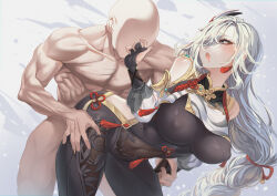 1boy 1girl bald bare_shoulders black_bodysuit black_gloves blue_eyes bodystocking bodysuit breast_curtain breasts clothed_female_nude_male commentary covered_erect_nipples covered_navel cowboy_shot drooling faceless faceless_male genshin_impact gloves hair_over_one_eye hetero highres hip_vent large_breasts long_hair looking_at_another looking_back mouth_drool mucha_(user_sxzr8573) muscular muscular_male nude open_mouth partially_fingerless_gloves sex sex_from_behind shenhe_(genshin_impact) sleeveless sleeveless_bodysuit very_long_hair white_hair