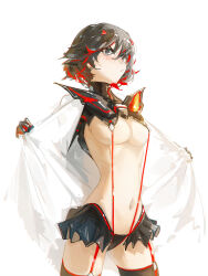 Rule 34 | 1girl, absurdres, blue eyes, breasts, commentary, dudrinm, highres, kill la kill, life fiber, living clothes, matoi ryuuko, multicolored hair, revealing clothes, senketsu, short hair, solo, streaked hair, suspenders, two-tone hair, white background