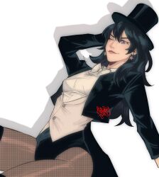 1girl black_hair black_jacket black_leotard boots bow bowtie breasts dc_comics earrings fishnet_pantyhose fishnets gloves hat highres jacket jewelry justice_league leotard long_hair looking_at_viewer magician one_eye_closed pantyhose shirt signature solo spidercvlt star_(symbol) star_earrings thigh_boots top_hat white_gloves zatanna_zatara