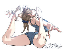 1girl blue_shorts blue_tank_top brown_hair closed_eyes dated flexible from_behind full_body hair_ornament hair_scrunchie midriff nabipenciller original outstretched_arms scrunchie short_shorts shorts signature simple_background socks solo spread_arms tank_top white_background white_socks