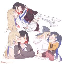 2girls azusawa_kohane baseball_cap beru_popooo black_hair black_jacket blonde_hair blue_hair blush boots braid cardigan carrying closed_eyes closed_mouth commentary_request earrings eye_contact fishnets garter_straps grey_cardigan grey_hat hat highres hood hood_down hoodie hug jacket jewelry kamiyama_high_school_uniform_(project_sekai) kiss kissing_cheek long_hair looking_at_another miyamasuzaka_girls&#039;_academy_school_uniform multiple_girls multiple_rings nail_polish official_alternate_costume official_alternate_hair_length official_alternate_hairstyle one_eye_closed orange_eyes ponytail princess_carry project_sekai red_hair red_nails ring sailor_collar school_uniform shiraishi_an short_hair shorts whip_the_wimp_girl!!_(project_sekai) white_boots white_hoodie white_sailor_collar white_shorts