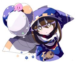 1boy balloon blue_shirt bright_pupils brown_hair cape closed_mouth commentary from_above gloves gold_trim holding holding_balloon kirby kirby_(series) long_sleeves looking_at_viewer magolor male_focus nintendo no_nose oekaki parted_lips personification shirt simple_background smile star_(symbol) usagi_nui white_background white_cape white_pupils yellow_gloves