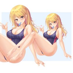 1girl absurdres bare_arms bare_legs barefoot black_one-piece_swimsuit blonde_hair blue_eyes blush border breasts cleavage collarbone commentary_request competition_swimsuit feet food food_in_mouth grey_eyes hair_between_eyes highleg highres idolmaster idolmaster_shiny_colors izumi_mei large_breasts long_hair looking_at_viewer multiple_views one-piece_swimsuit popsicle popsicle_in_mouth swimsuit tan thighs toes tong_shui white_border