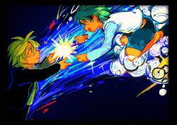 Rule 34 | 2boys, absurdres, black border, black jacket, black pants, black shoes, blonde hair, blue shorts, blue sleeves, border, bubble, chinese commentary, commentary request, green eyes, green hair, green shirt, highres, isoi reiji, isoi reiji (rei-kun), jacket, long sleeves, male focus, multiple boys, open clothes, open jacket, open mouth, pants, rng1223, saibou shinkyoku, shirt, shoes, short hair, shorts, smile, white shirt