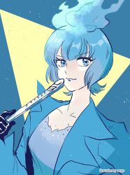 1girl airagency1005 ancient_greek_clothes animification blue_fire blue_hair blue_lips closed_mouth disneyland fiery_hair fire formal_clothes gloves greco-roman_clothes highres himation lipstick long_sleeves looking_at_viewer makeup ms._hades simple_background smile solo suit