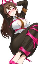 1girl absurdres ahoge armband bdsm bondage bound breasts brown_hair collared_shirt dress_shirt e.g.o_(project_moon) hair_ornament hairclip highres hod_(project_moon) lobotomy_corporation long_hair long_sleeves looking_at_viewer necktie open_clothes open_mouth open_shirt orange_armband orange_necktie pink_eyes pink_ribbon project_moon ribbon roseate_desire_(e.g.o) saliva shirt simple_background smile vvernerluniq white_shirt