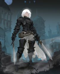 1girl absurdres armor armored_boots arms_at_sides arowana2111 belt black_armor blue_eyes boots brown_belt building commentary english_commentary full_body gauntlets highres holding holding_sword holding_weapon moon night original pauldrons short_hair shoulder_armor shoulder_belt solo standing sword vambraces weapon white_hair